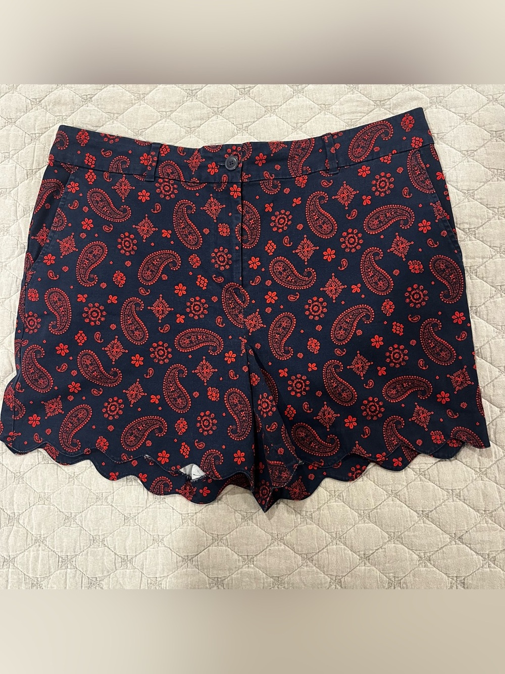 Talbots Navy Shorts with Red Paisley Scalloped Hem